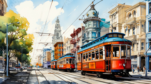Enthralling sketch of San Francisco's vibrant Painted Ladies in an eclectic Victorian facade with a passing cable car, perfect for urban design and travel themes.