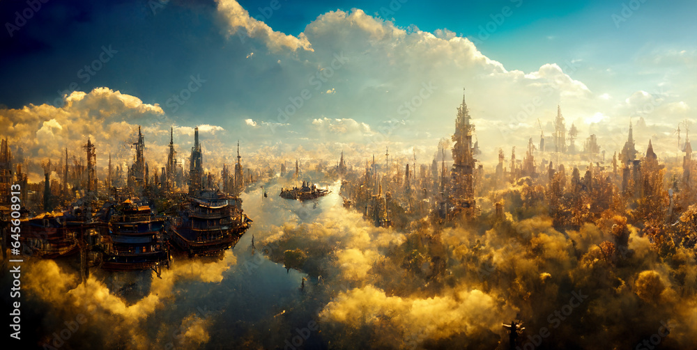 Metropolis floating in a beautiful blue sky and golden clouds tinted with light of evening sun. Surreal fantasy art and Imaginary oil painting concepts.