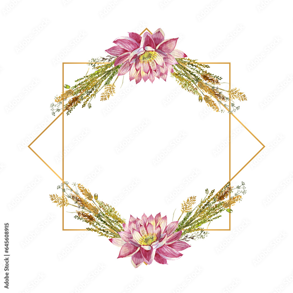 Obraz premium A frame with flowers of water lilies and wild forest grasses. Watercolor illustration on a white background
