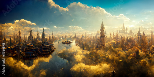 Metropolis floating in a beautiful blue sky and golden clouds tinted with light of evening sun. Surreal fantasy art and Imaginary oil painting concepts.