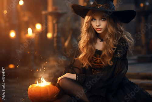 Young woman dressed in a witch costume, on Halloween.