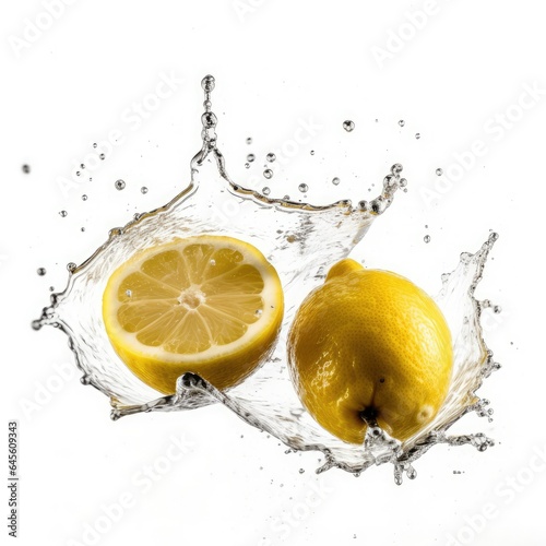 Lemon falling into water splash on white background