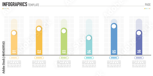 Bar chart infographic template or element with 6 step, process, option, colorful rectangular or rectangle, button, number, minimal style for sale slide, trade or trend money, agenda, plan, flowchart 