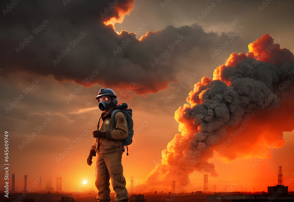 Obraz premium a worker with labor suit and mask in factory with smoke background ai generated