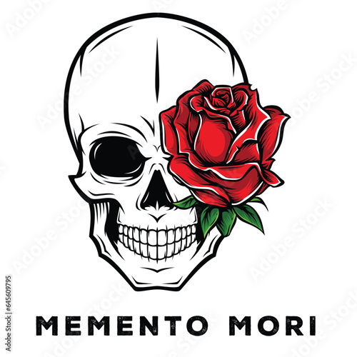 Fotografie Memento Mori Skull And Red Rose Flower Vintage Vector Logo Memento Mori