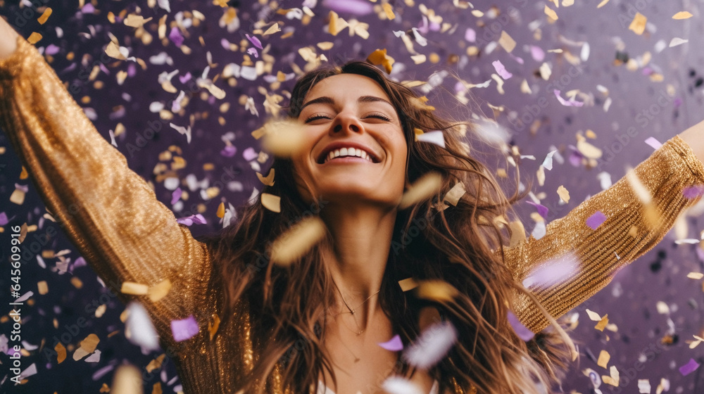 Happy beautiful cheering woman covered by  confetti  - obrazy, fototapety, plakaty 