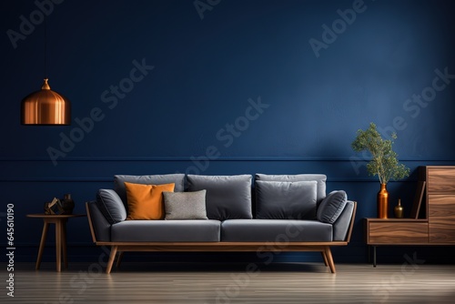 Home interior, modern dark blue living room interior, empty wall mockup, 3d rendering © Azar