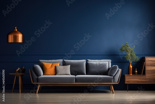 Home interior, modern dark blue living room interior, empty wall mockup, 3d rendering