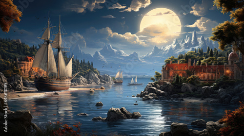 Wallpaper Mural Hyper-realistic fantasy harbor with sailboats anchored in calm waters, surrounded by a beach, forested hill, and weathered rocks. Torontodigital.ca