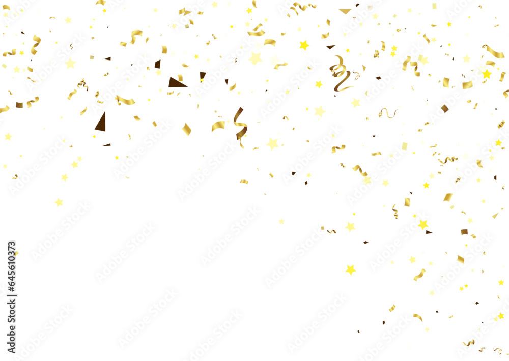 Gold confetti on a white background. Illustration of a drop of shiny particles. Decorative element for your design, cards, invitations, gift, vip.