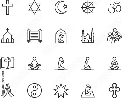 Vector set of religion line icons. Contains icons christianity, islam, buddhism, judaism, hinduism, pray, bible and more. Pixel perfect.