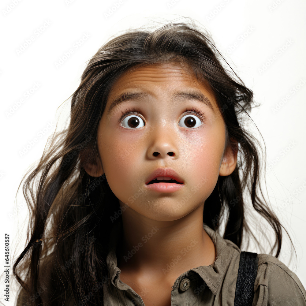 Professional studio head shot of a 10-year-old Southeast Asian girl looking confused with her eyes looking up. Professional studio head shot of a 10-year-old Southeast Asian girl looking confused with her eyes looking up.