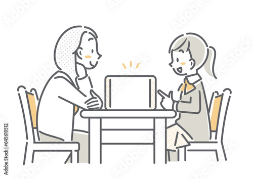 タブレット端末を見るお母さんと高校生の娘　シンプルでお洒落な線画イラスト