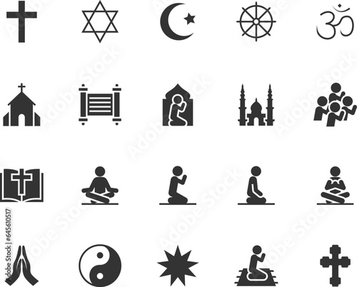 Vector set of religion flat icons. Contains icons christianity, islam, buddhism, judaism, hinduism, pray, bible and more. Pixel perfect.