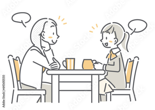 笑顔でおしゃべりをするお母さんと娘　シンプルでお洒落な線画イラスト © fumi