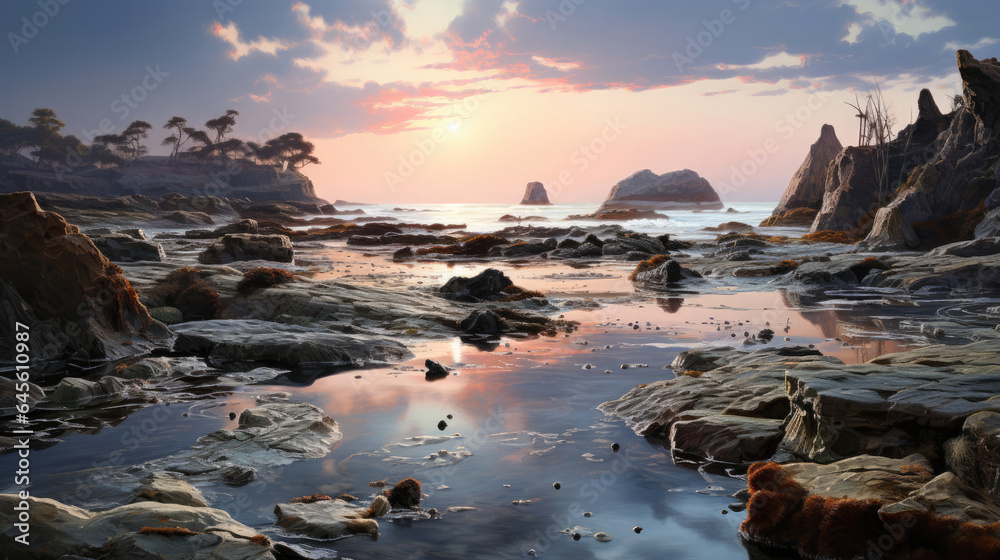 Pink hues paint the sky as tide pools shimmer, reflecting the first light, with kelp and seaweed strewn about.