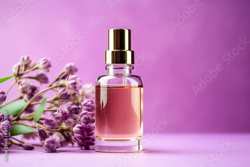 Cosmetic glass jar with perfume  serum or organic essential oil with flowers. The concept of a selfcare and natural cosmetics