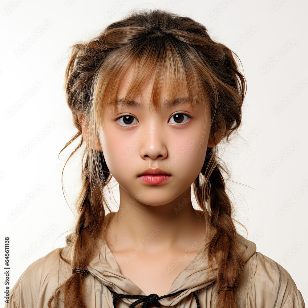 Professional head shot of a 13-year-old East Asian girl looking left. Professional head shot of a 13-year-old East Asian girl looking left.