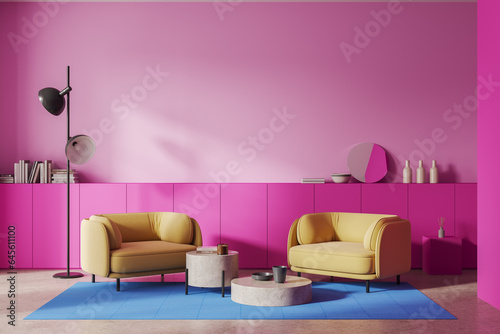 Magenta home living room interior with armchairs and decoration  mockup wall