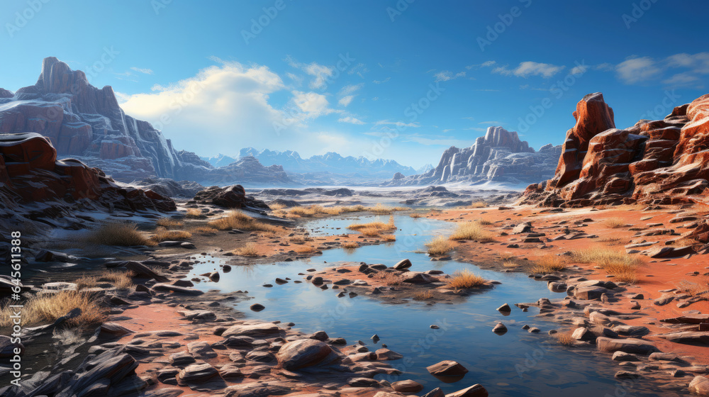 Cold, rolling sand dunes stretch far, sparse, leafless trees break the horizon, and patches of frozen water gleam, surrounded by flat stones in a hyper-realistic fantasy desert in winter.