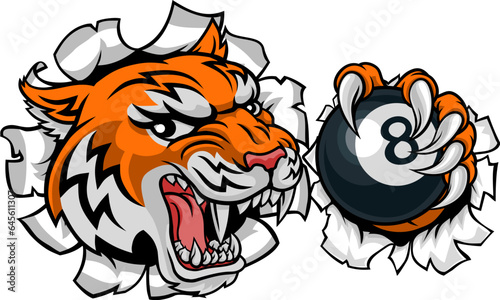 A tiger angry mean pool billiards mascot cartoon character holding a black 8 ball.