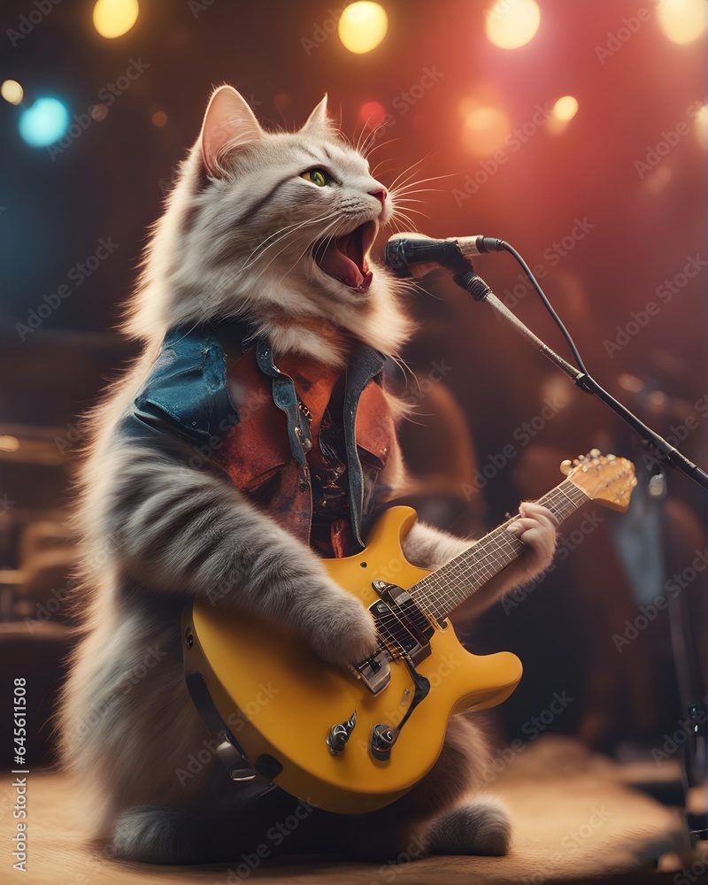 cat playing guitar - obrazy, fototapety, plakaty 