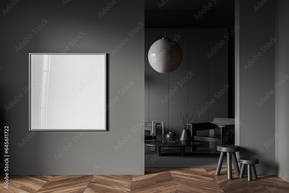 Gray living room interior with armchairs and poster Gray living room interior with armchairs and poster