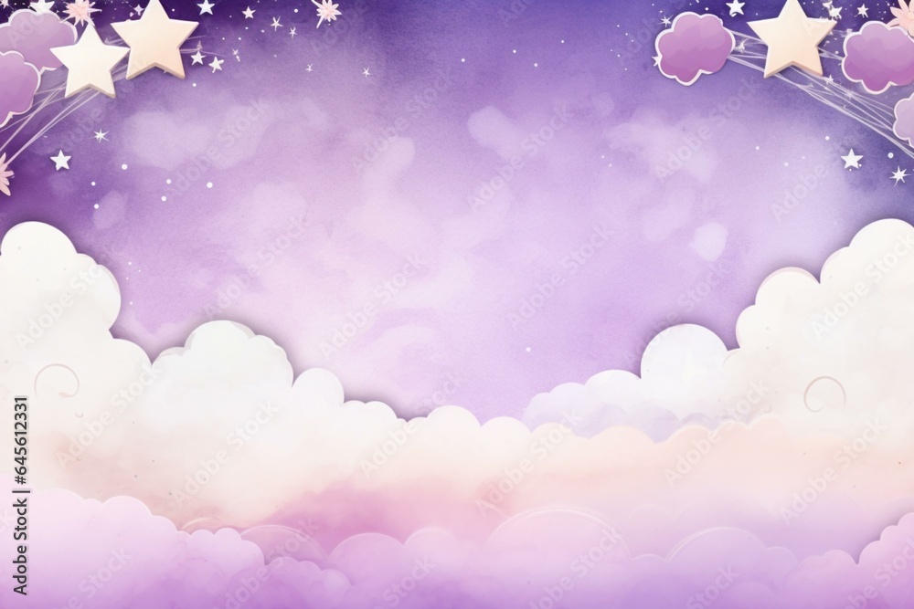 stars rainbows and clouds frame on purple watercolor background