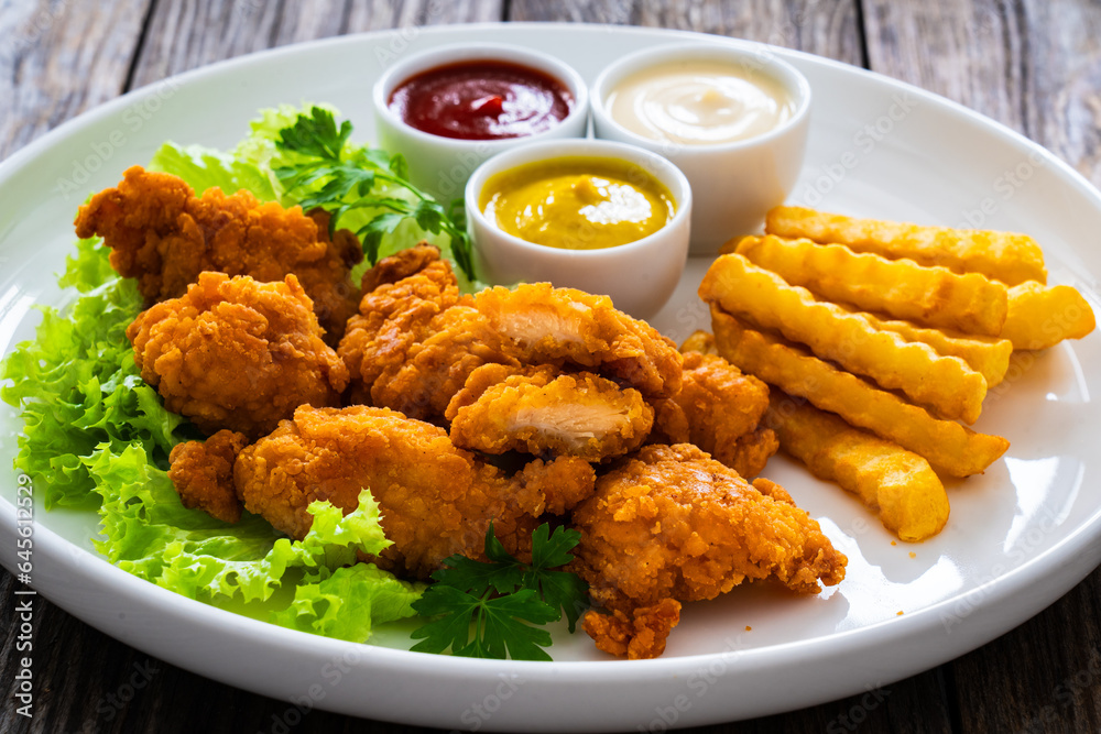 Seared breaded chicken nuggets with French fries on wooden table
Seared breaded chicken nuggets with French fries on wooden table