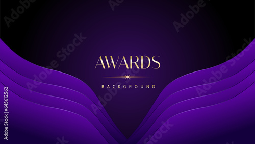 Purple golden royal awards graphics background. Elegant modern template with classy shine. Luxury premium corporate abstract design.