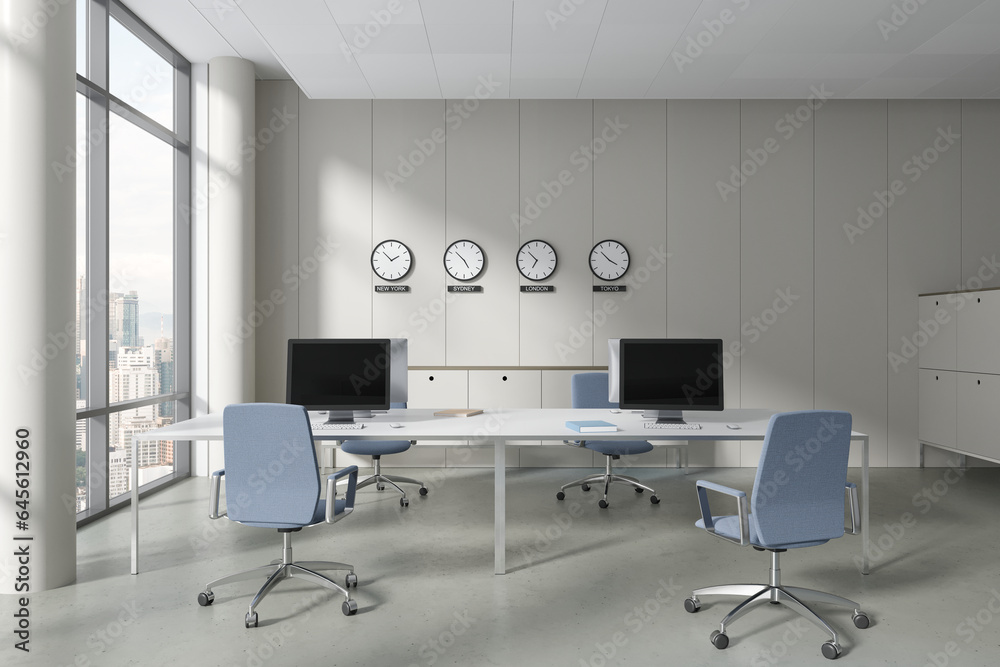 Fototapeta premium Cozy coworking interior with technology, drawer with clock and panoramic window
