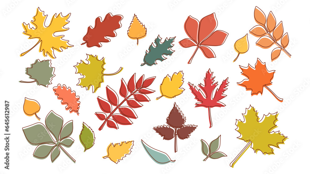 Collection of colorful hand drawn outline autumn leaves. Leaf in one line doodle style.