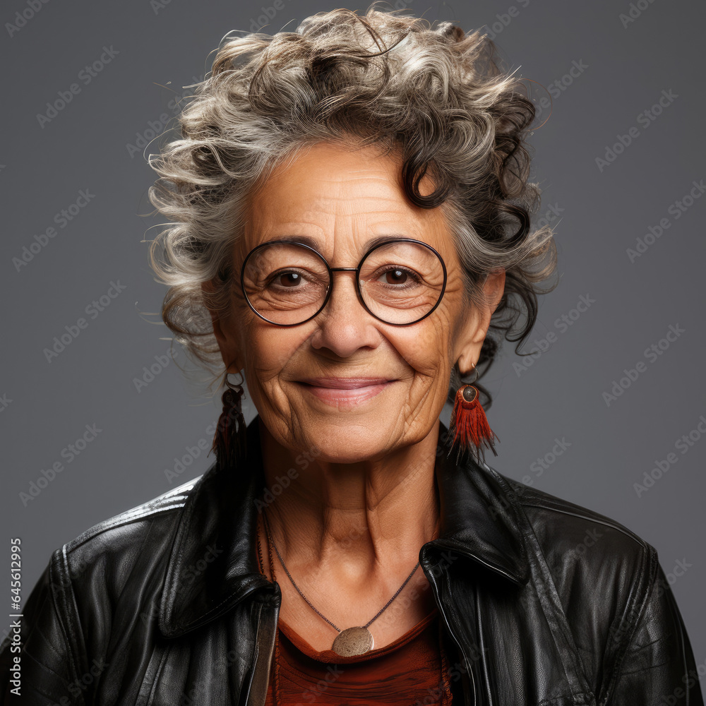 Authentic studio headshot of a 65-year-old Latino woman with an amused expression.