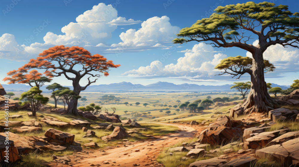 Vast plains stretch to the horizon with isolated trees and scattered rocks below. Vast plains stretch to the horizon with isolated trees and scattered rocks below.