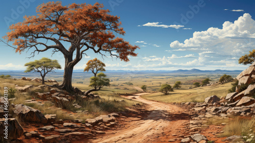 Vast plains stretch to the horizon with isolated trees and scattered rocks below.