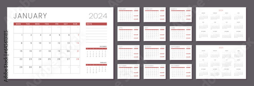 Set of Monthly pages Calendar Planner Templates 2024-2025 with note. Vector layout of a wall or desk simple calendar with week start Monday in grey and red color for print.