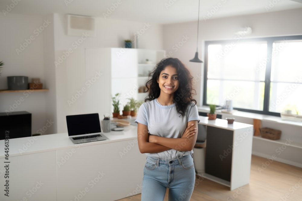 Pretty indian young girl admin or freelancer posing at workplace looking at camera in home office - obrazy, fototapety, plakaty 