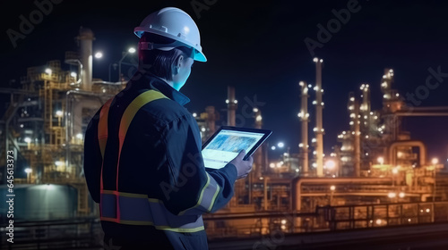 Engineering working hold smart tablet in the oil and gas industry at night , fuel and power generation, Petrochemical factory industry background , Created with Generative Ai Technology © Atchariya63
