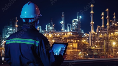 Engineering working hold smart tablet in the oil and gas industry at night , fuel and power generation, Petrochemical factory industry background , Created with Generative Ai Technology