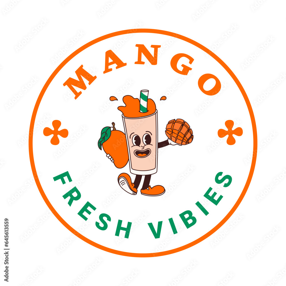 Fototapeta premium Sticker of character mango juice or smoothie in cartoon style. Isolated vector label of groovy fruit drink mascots in retro style on transparent background for logo, emblem and your design