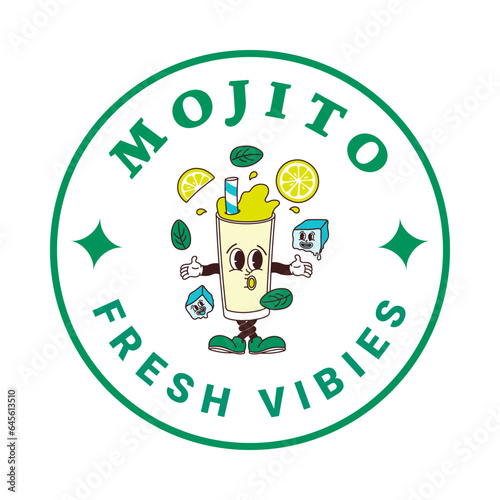 Sticker of character mojito in cartoon style. Isolated vector label of groovy drink mascots in retro style on transparent background for logo, emblem and your design