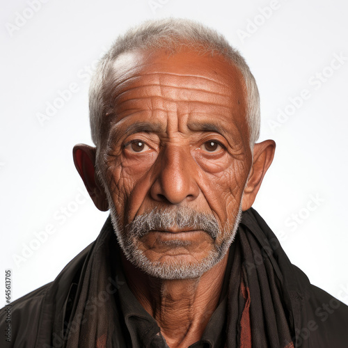 A full head shot of a 75-year-old South Asian man looking bewildered.
