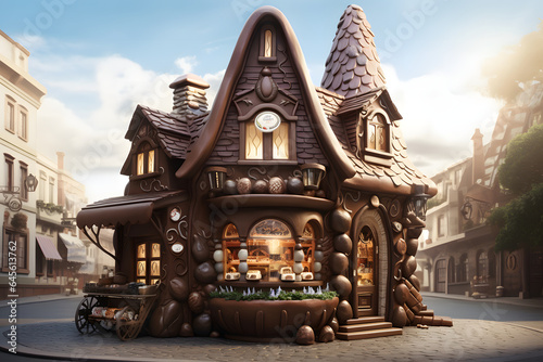 Chocolate house - bakery in a town. Photorealistic rendering.