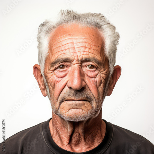 "Professional studio head shot capturing the longing expression of an 80-year-old Latino man, with his eyes looking down right."