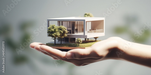 Das Traumhaus als Miniatur in der eigenen Hand halten KI