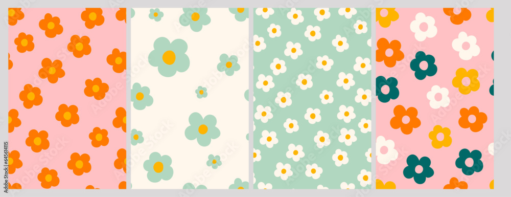 Abstract set of seamless patterns in the groove style. Retro colors. Simple flowers. Vector texture. Y2K