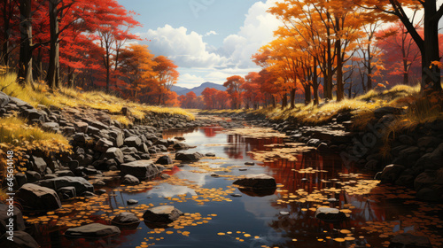 A hyper-realistic fantasy marsh in autumn with a palette of browns and golds, featuring darkening waters and leaf-covered rocks.