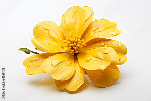 a yellow flower with rain droplets on it while isolated on the white background,