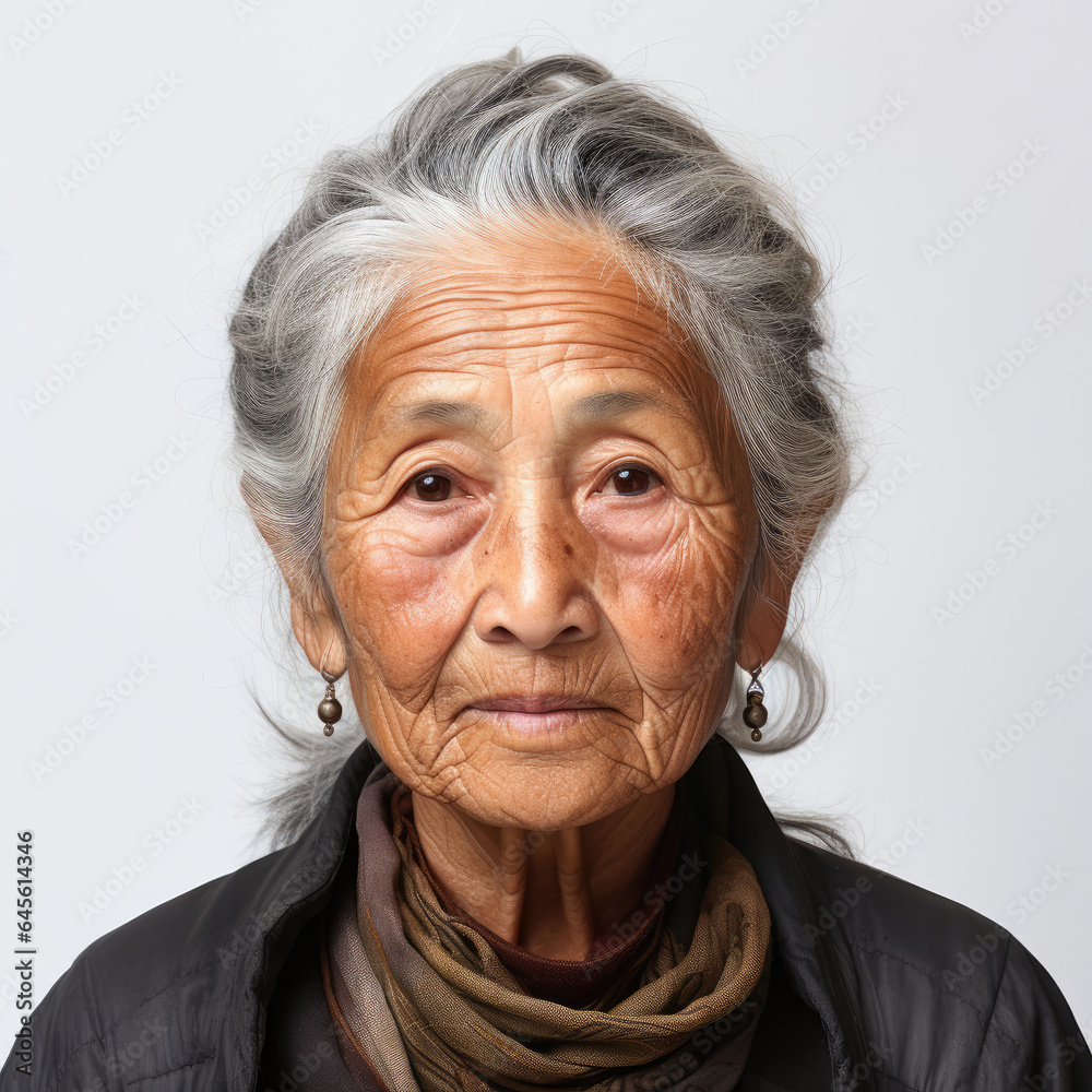 Engaging studio head shot of a captivating 93-year-old woman from Central Asia. Engaging studio head shot of a captivating 93-year-old woman from Central Asia.
