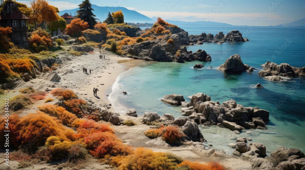 Hyper-realistic fantasy beach in autumn with waves washing in, fallen leaves, rustling trees, damp sand, and moss-covered rocks near the water.